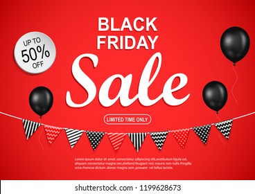 Black Friday sale banner with black balloon on red background. Vector illustration
