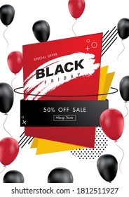 Black Friday sale banner with balloon and abstract background. Social media vector illustration template for website and mobile website development, email and newsletter design