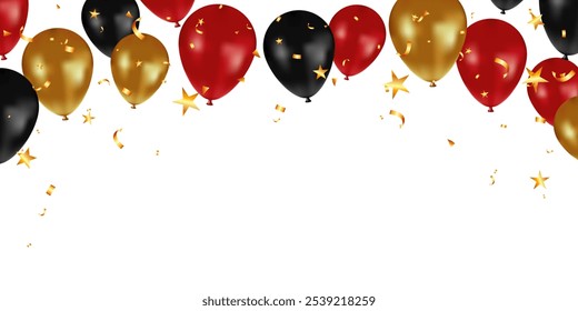 Black Friday sale banner with balloon and golden confetti. background, poster, card, backdrop