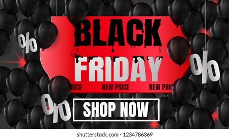 Black friday sale banner with balloons and paper percent background and red sticker and button shop now black flowing paint realistic Promotion and shopping template for Black Friday. Vector stock