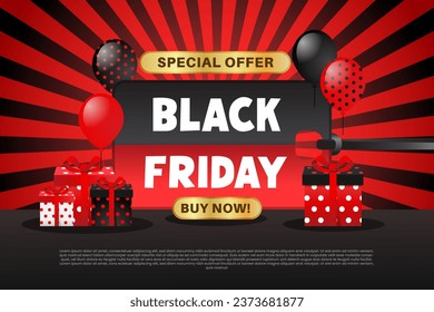 Black Friday sale banner with balloons and gift box is a visually appealing design asset suitable for creating promotional banners and advertisements for the Black Friday sales event.