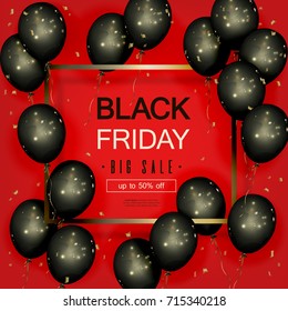 Black Friday Sale Banner with Black Balloons and Golden Elements in the Frame. Vector illustration