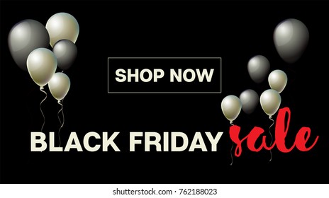 Black Friday Sale Banner with Balloons. Vector Black and Silver Realistic Balloons Discount Poster. Cool Black Friday Sale Banner Illustration for Business or Holiday Ads. Rich Gold VIP Premium Advert