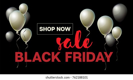 Black Friday Sale Banner with Balloons. Vector Black and Silver Realistic Balloons Discount Poster. Cool Black Friday Sale Banner Illustration for Business or Holiday Ads. Rich Gold VIP Premium Advert
