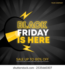 Black Friday Sale banner with a big loudspeaker and glowing text