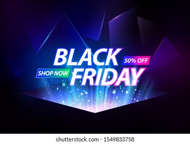 Black Friday Sale Banner. Blue Rays Rising on Dark Background. Vector Advertising Illustration.