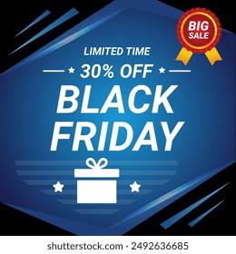 Black Friday Sale Banner in blue background With up to 30% off. Vector illustration. Limited time. Shop Now.