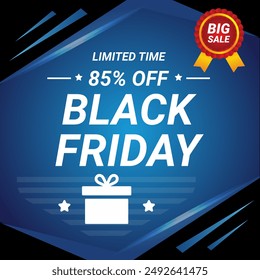 Black Friday Sale Banner in blue background With up to 85% off. Vector illustration. Limited time. Shop Now.