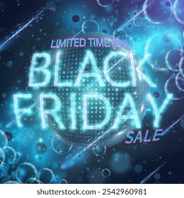 Black Friday Sale Banner. Blue banner with text and bright LED background. Bright abstract web banner for sale and advertising design. Vector