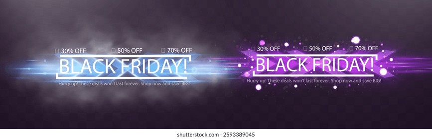 Black Friday sale banner with bold typography, discount percentages, glowing effects, and a modern promotional design. Perfect for advertising, e-commerce, and marketing campaigns.