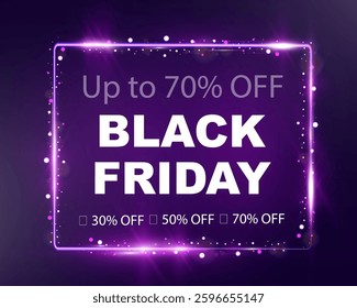 Black Friday sale banner with bold typography, discount percentages, glowing effects, and a modern promotional design. Perfect for advertising, e-commerce, and marketing campaigns.