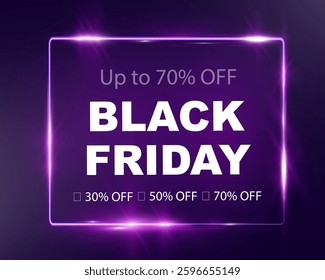 Black Friday sale banner with bold typography, discount percentages, glowing effects, and a modern promotional design. Perfect for advertising, e-commerce, and marketing campaigns.