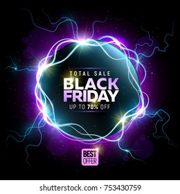 Black friday sale banner with bright round abstract background