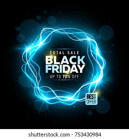 Black friday sale banner with bright round abstract background