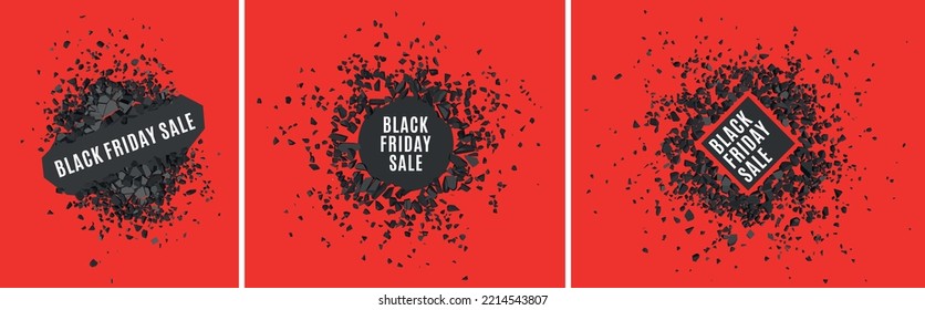 Black friday sale banner with broken stone debris. Modern promotional vector design