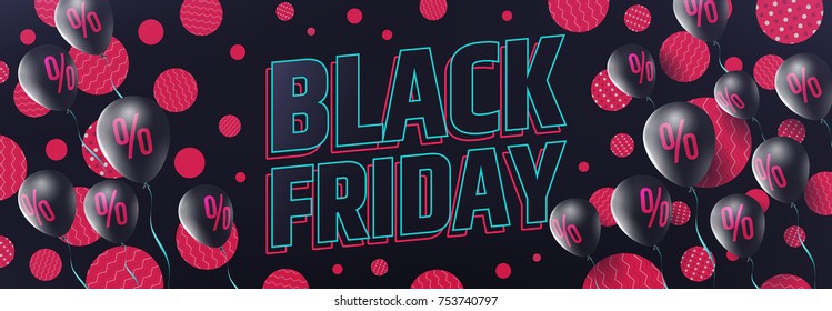 Black Friday Sale Banner By Balloons With Percent Sign,Discount Sign In Pink And Black Color Style For Retail,Shopping,Sale Or Black Friday Promotion.