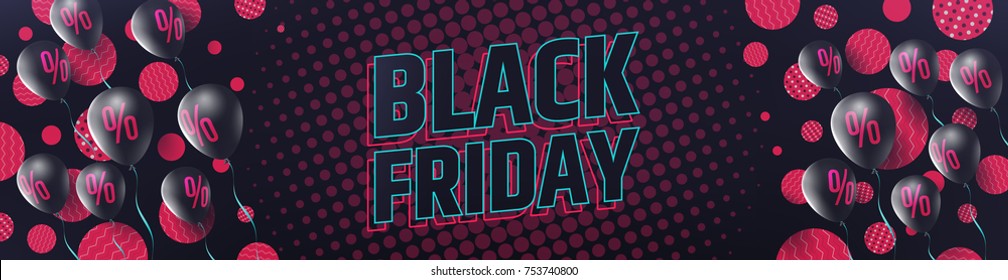 Black Friday Sale banner by balloons with Percent Sign,Discount Sign in pink and black color style for Retail,Shopping,Sale or Black Friday Promotion.