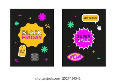 Black Friday sale banner, card, flyer. Advertising campaign. Hot sales season. Retro brutalism geometric stickers, tags, badges, labels. Coupon, discount, promo. Call to action sale stickers. Vector.