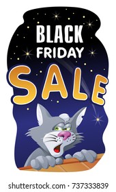 Black Friday sale banner with a cat on the roof. Cartoon styled vector illustration. Elements is grouped and divided into layers.