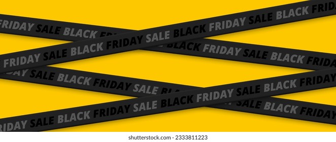 Black Friday sale banner with caution lines isolated on yellow background