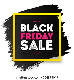 Black Friday Verkauf Banner Farbe Stil auf schwarz Wasser Farbe quadratischen Form und gelben Rahmen für Werbung, Werbung, Sonderangebot, Hot Price und Discount Poster. Vektorgrafik