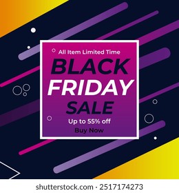 Black Friday Sale banner in colourful background With Disc Up to 55% off. All item Limited Time. Buy Now. Vector illustration.