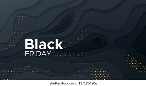 Black Friday sale banner. Commercial discount event banner. Black background textured with cutout paper layers and golden glittering halftone pattern. Vector business illustration. Ads sign.