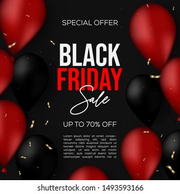 Black Friday sale banner. Dark background with red and black balloons