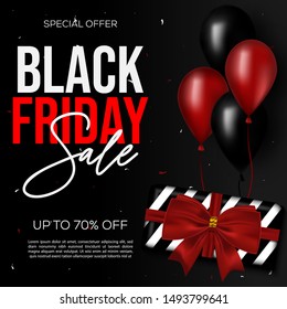 Black Friday sale banner. Dark background with red and black balloons