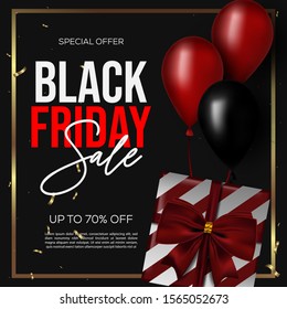Black Friday sale banner. Dark background with red and black balloons