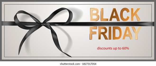 Black Friday sale banner with dark bow and ribbons on white background. Vector illustration for posters, flyers or cards.