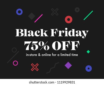 Black Friday Sale Banner Design Template. Email Newsletter Modern, Stylish, Trendy Design Layout Concept for Black Friday Discount Special Offer Promo Sale Poster Campaign. Limited Offer Sale up to 75