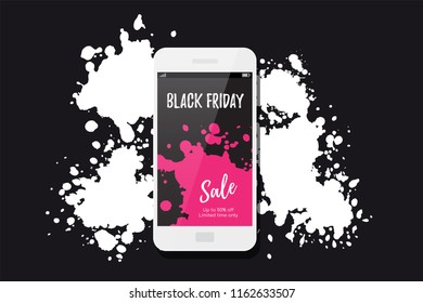 Black friday sale banner design. Modern smartphone and paint blots on background.
