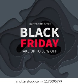 Black Friday Sale Banner Design Template. Advertising web poster. Modern 3d paper cut background. Vector illustration.