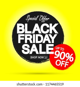 Black Friday Sale, banner design template, up to 90% off, special offer, brush grunge, vector illustration