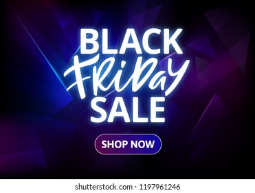 Black Friday Sale Banner Design. Hand Drawn Glowing Text on Dark Background. Vector Advertising Illustration.