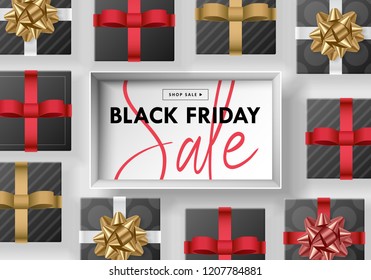 Black Friday sale banner design with gift boxes top view background. Vector illustration
