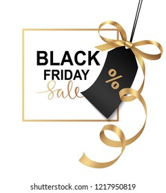 Black friday Sale banner design. Vector illustration.  Golden frame with price tag and gold bow on white background