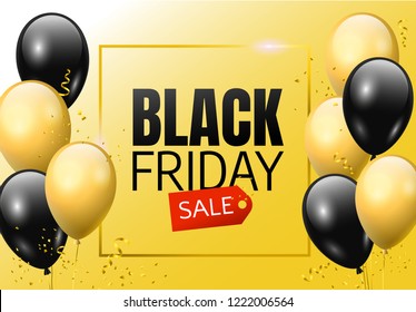 Black Friday sale banner design with black and yellow balloons and confetti on yellow background. - Vector
