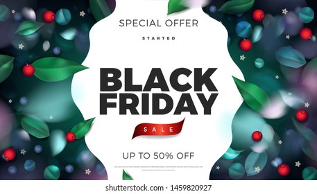 Black Friday sale banner design, spring forest abstract background with wild berries and leaves vector poster