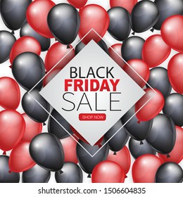 Black Friday Sale banner design template. Big sale advertising promo concept with balloons, shop now button, and typography text in a frame. Vector illustration.