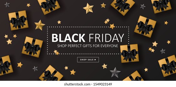 Black Friday sale banner design with gift boxes and stars over black background. Template for social media advertising, invitation or poster design. Vector illustration