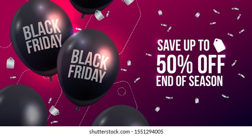 Black Friday sale banner design. Shopping days promotion advertising, black balloons and silver confetti floating in the air on wine color background. Vector illustration