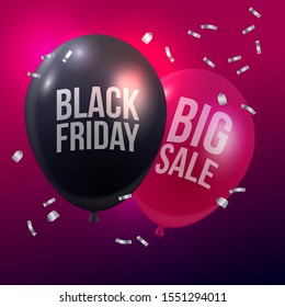 Black Friday sale banner design. Shopping days promotion advertising, black and pink balloons with silver confetti floating in the air on wine color background. Vector illustration