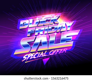 Black friday sale banner design, special offer, vector illustration 80's years style