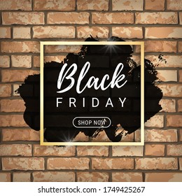 Black Friday sale banner design with black paint stain on orange grunge brick wall background. Shop now sale graphic poster. Vector illustration design template for flyer, shopping, discount, web.