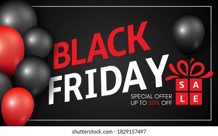 Black Friday Sale Banner design template with black and red Balloons, present box, Vector illustration.