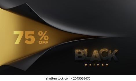 Diseño de banner de venta de viernes negro. Ilustración vectorial. Hojas de esquina de desplazamiento negro que revelan el fondo dorado con señas de papel y brillantes de oro