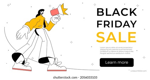 Black Friday Sale Banner Design. Woman shouting into loudspeaker about discounts. Social media or website shopping banner, seasonal sale, online shop advertisement with woman character.