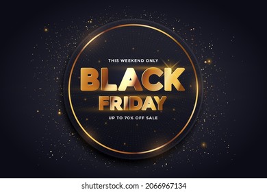 Black Friday Sale banner design. Sale promotion with golden letter sign with glitters on geometric circle background with golden confetti particles. Advertising poster template design. Vector